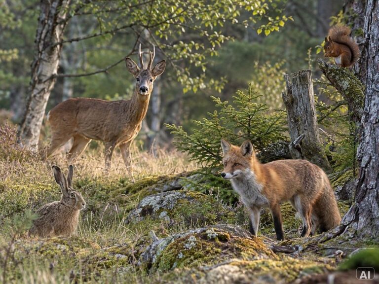 Mehrere heimische Wildtiere in einer natürlichen Waldlandschaft