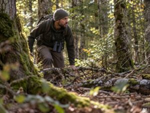 Ein Naturbeobachter bewegt sich leise durch einen moosreichen Wald