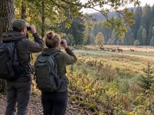 Hirsche zwischen herbstlichen Bäumen im Wald