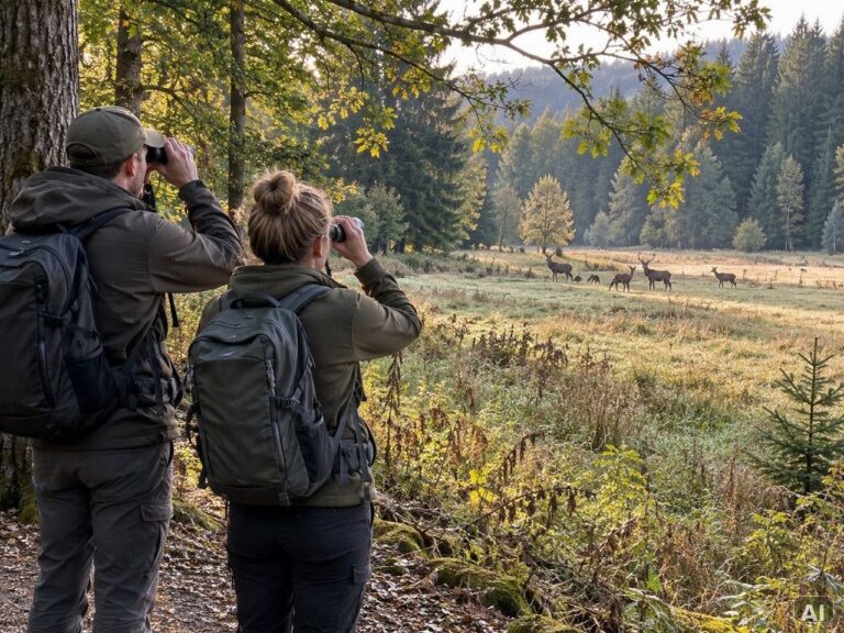 Hirsche zwischen herbstlichen Bäumen im Wald