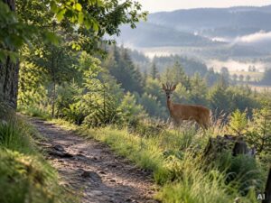 Ein Reh am Rand eines schmalen Waldwegs