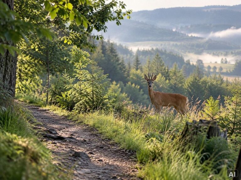 Ein Reh am Rand eines schmalen Waldwegs