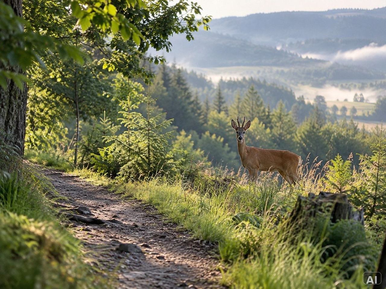 Ein Reh am Rand eines schmalen Waldwegs