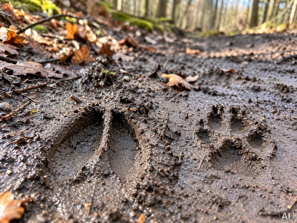 Deutliche Wildtierspuren im feuchten, matschigen Waldboden