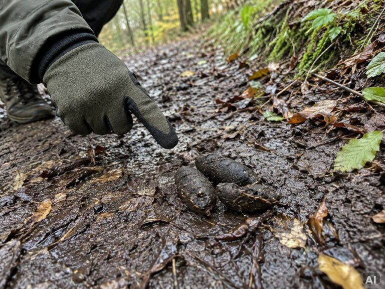 Eine behandschuhte Hand zeigt auf eine gut erkennbare Wildtierspur