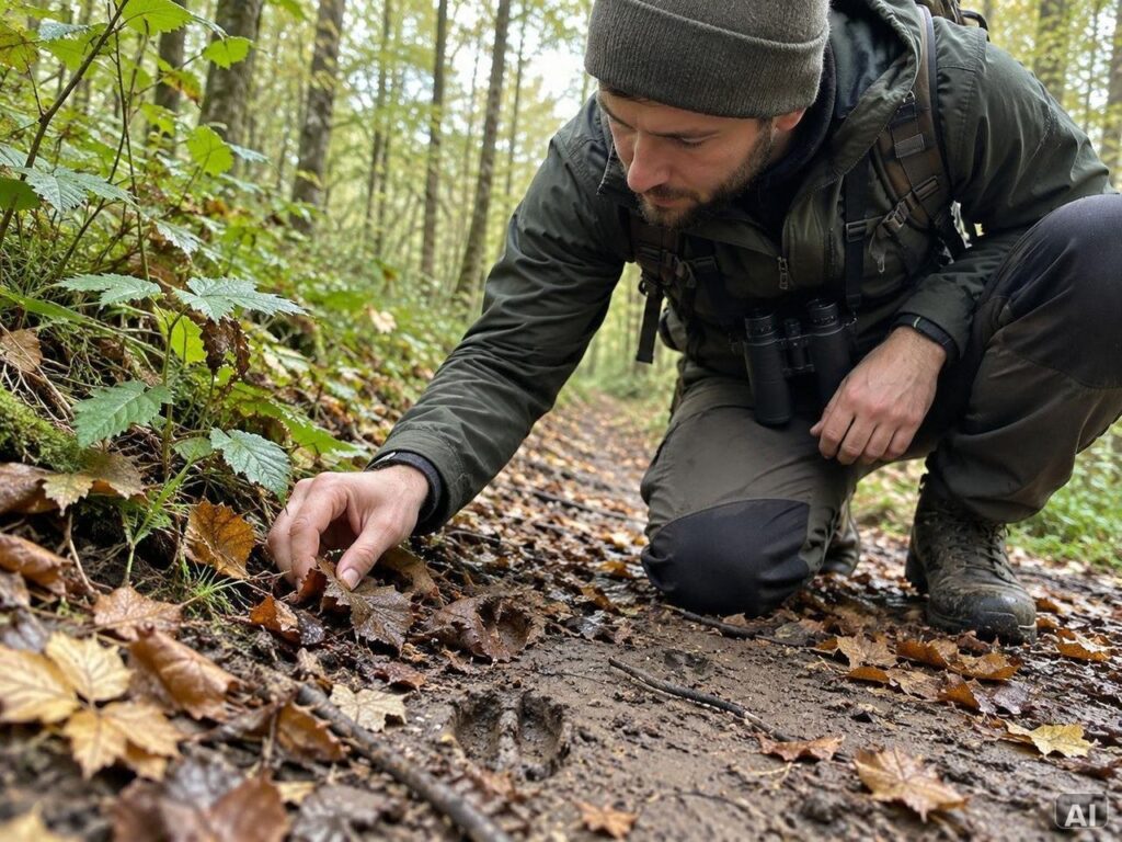 Ein Naturbeobachter untersucht Spuren am Rand eines matschigen Waldwegs