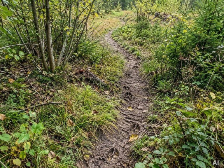 Ein matschiger Waldweg durch dichte grüne Vegetation
