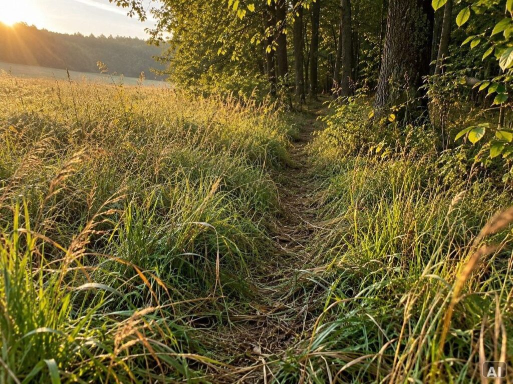 Ein stiller Waldweg im warmen Licht der untergehenden Sonne