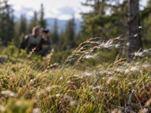 Ein Naturbeobachter mit Fernglas zwischen vom Wind bewegten Gräsern