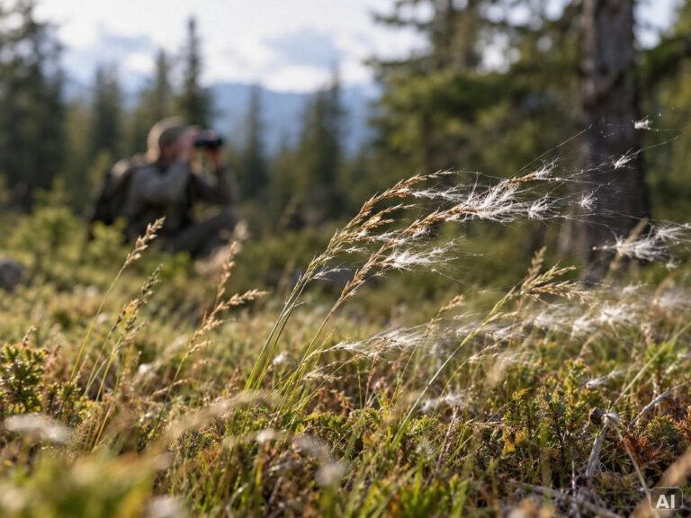 Ein Naturbeobachter mit Fernglas zwischen vom Wind bewegten Gräsern
