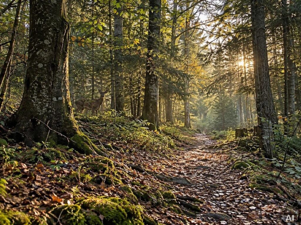Ein Reh auf einem sonnenbeschienenen Waldweg