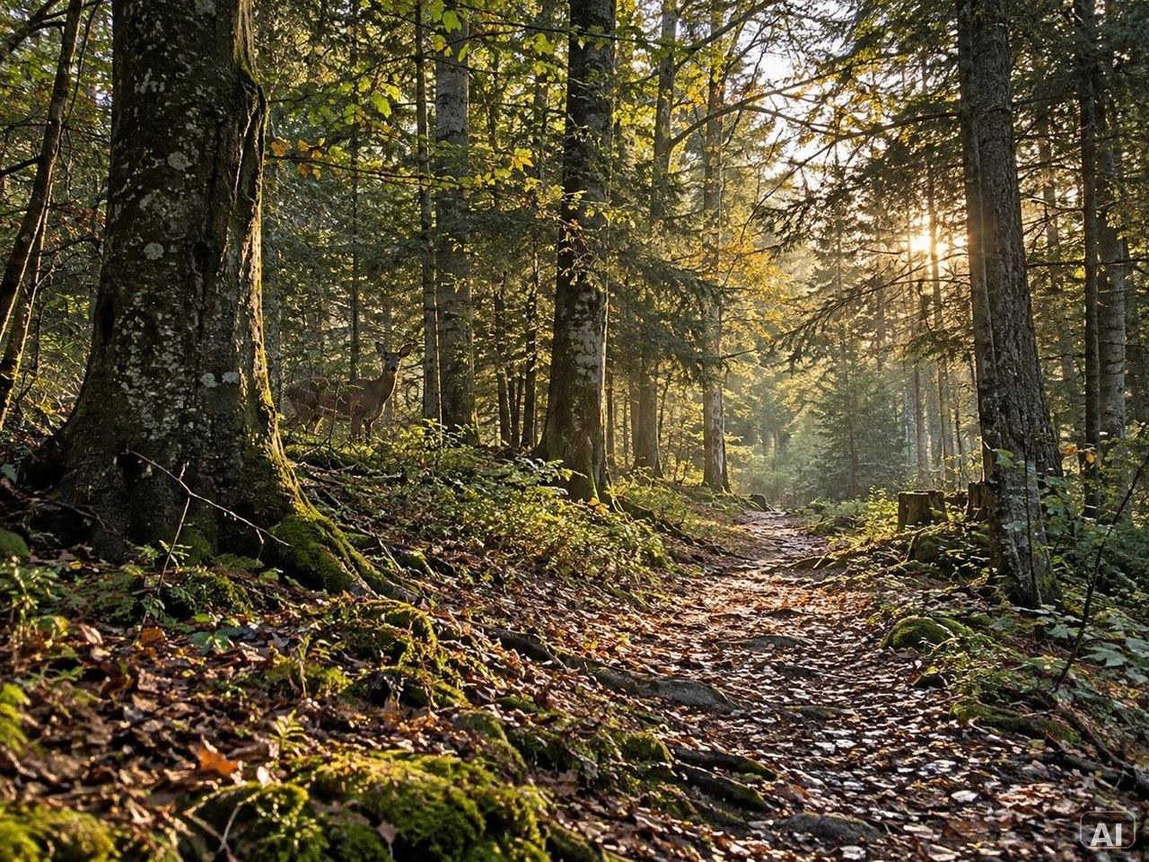 Ein Reh auf einem sonnenbeschienenen Waldweg