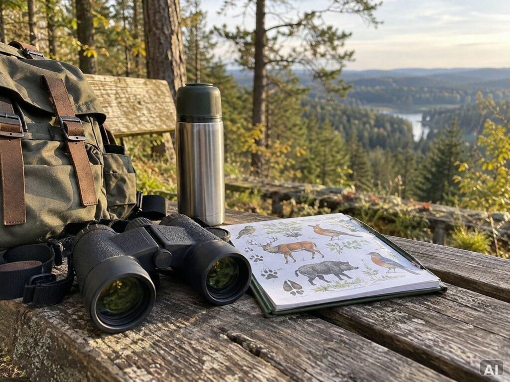 Fernglas, Rucksack und Naturführer an einem Aussichtspunkt im Wald
