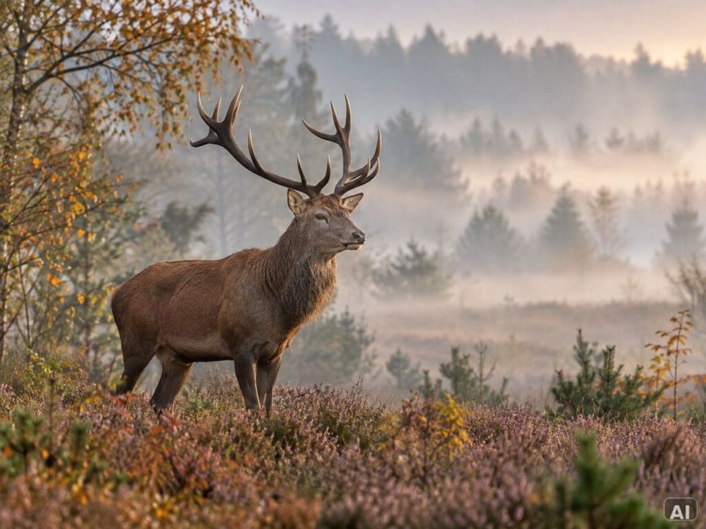 Ein Rothirsch, in herbstlicher Umgebung, bei leichtem Nebel