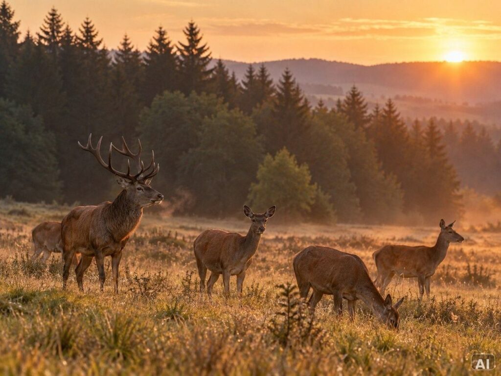 Mehrere Hirsche, im frühen Morgenlicht, bei leichtem Nebel, auf einer offenen Wiese