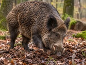 Ein Wildschwein, in herbstlicher Umgebung, im Wald