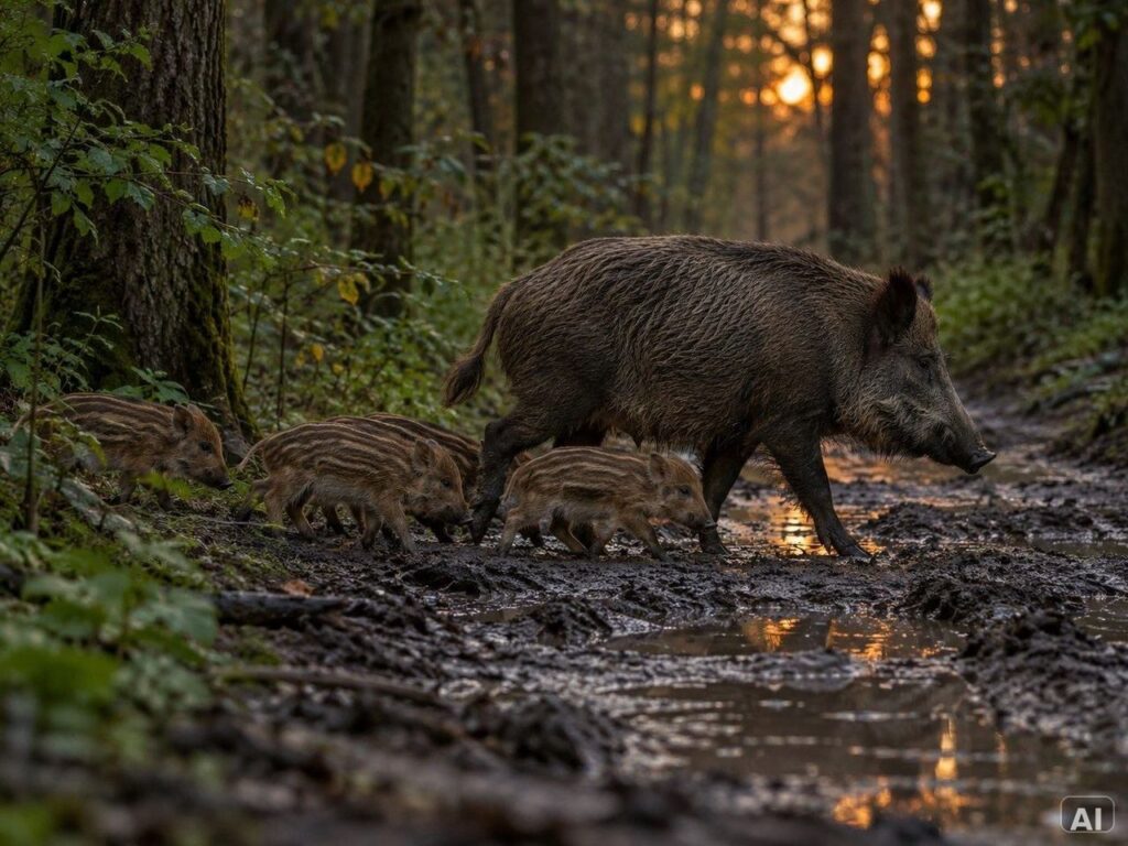 Ein Wildschwein, im warmen Abendlicht