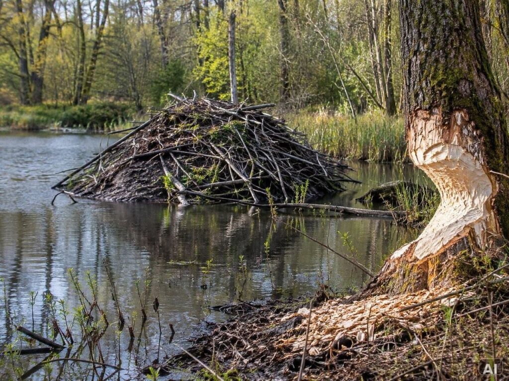 Biberspuren und eine Biberburg, im Wald