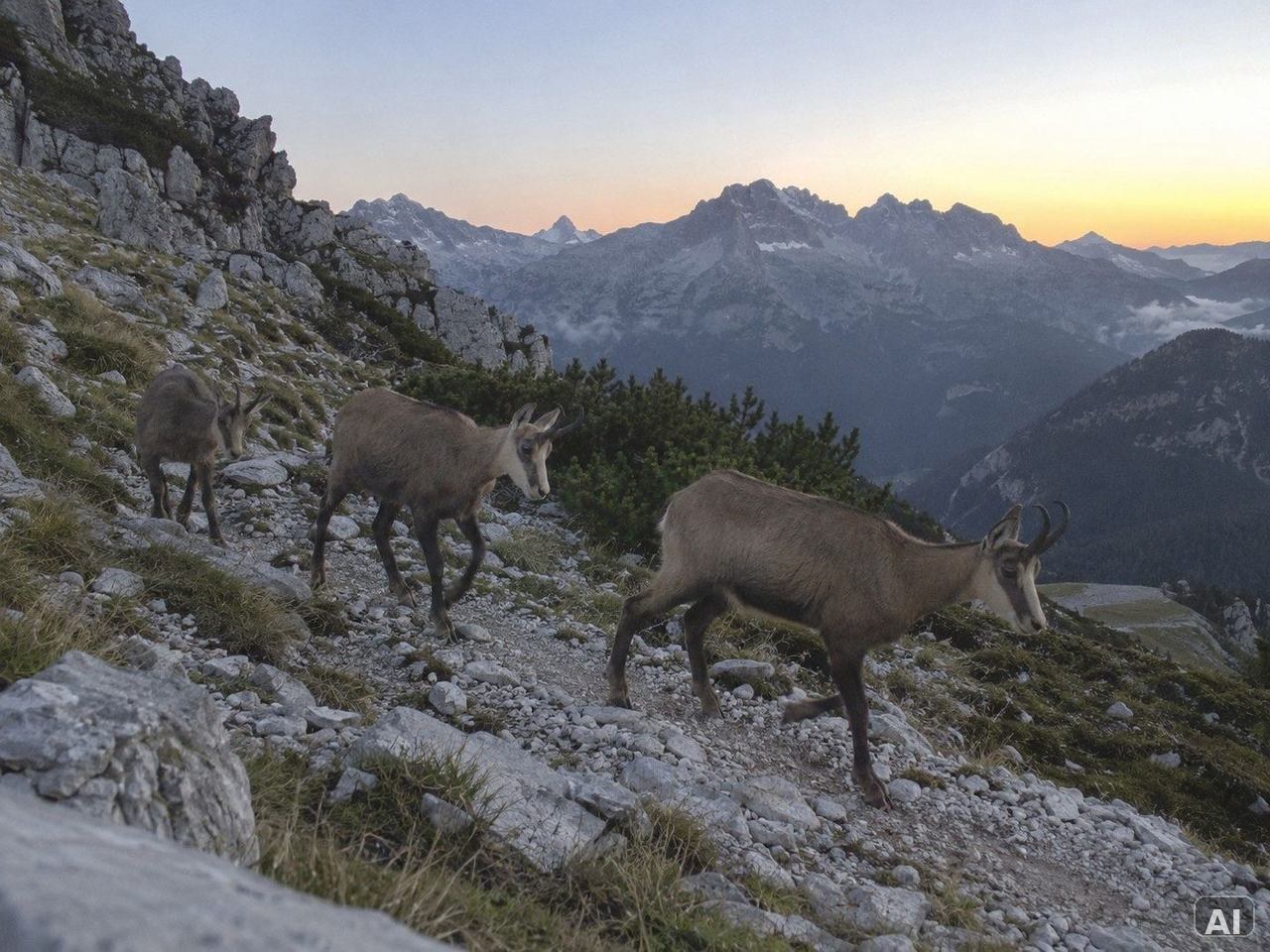 Mehrere Gämsen, in felsiger Berglandschaft