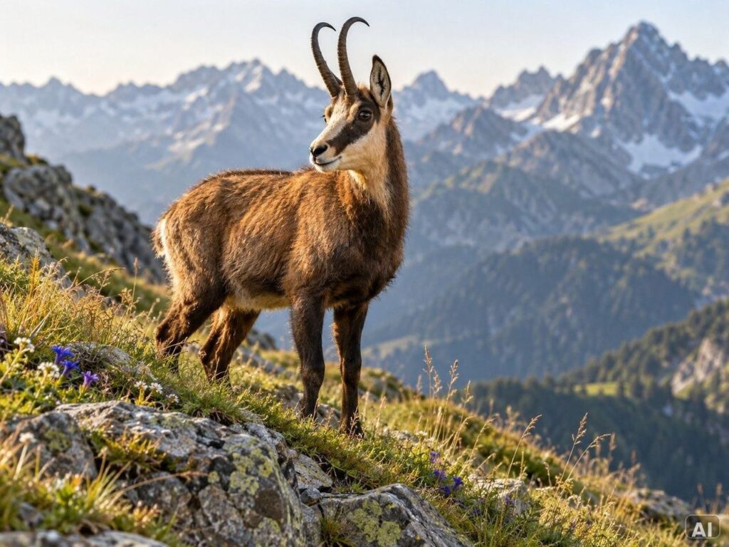 Eine Gämse, in felsiger Berglandschaft