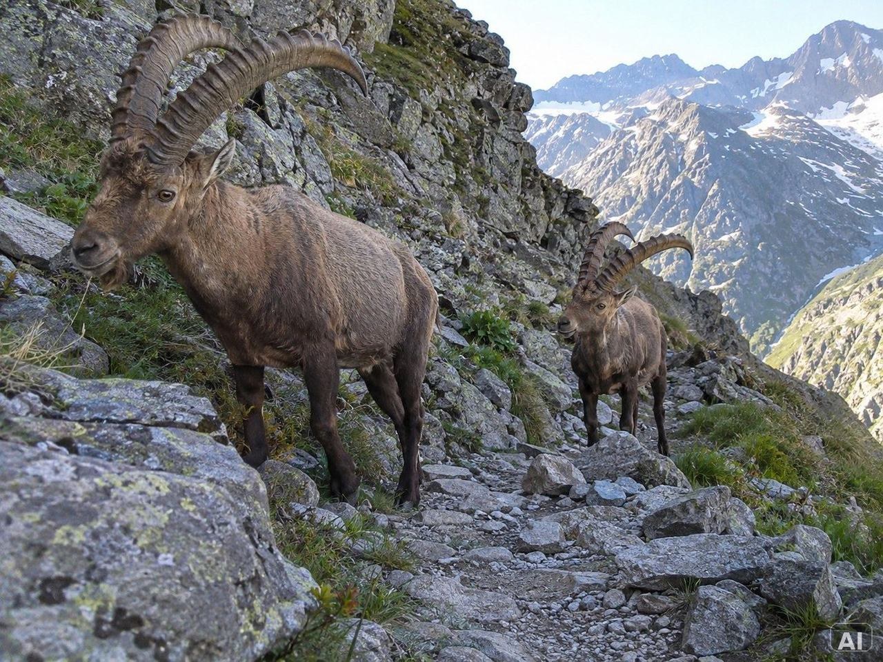 Mehrere Alpensteinböcke, in felsiger Berglandschaft