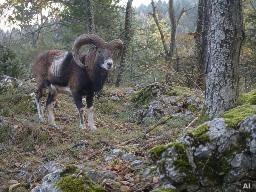 Ein Mufflon, bei leichtem Nebel, im Wald