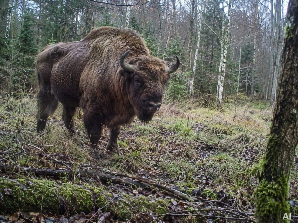 Ein Wisent, in herbstlicher Umgebung, bei leichtem Nebel, im Wald
