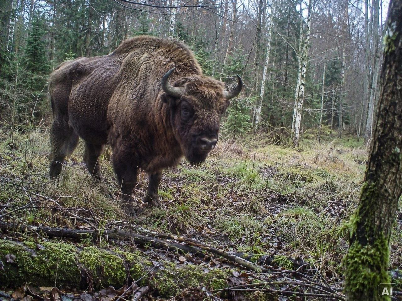 Ein Wisent, in herbstlicher Umgebung, bei leichtem Nebel, im Wald