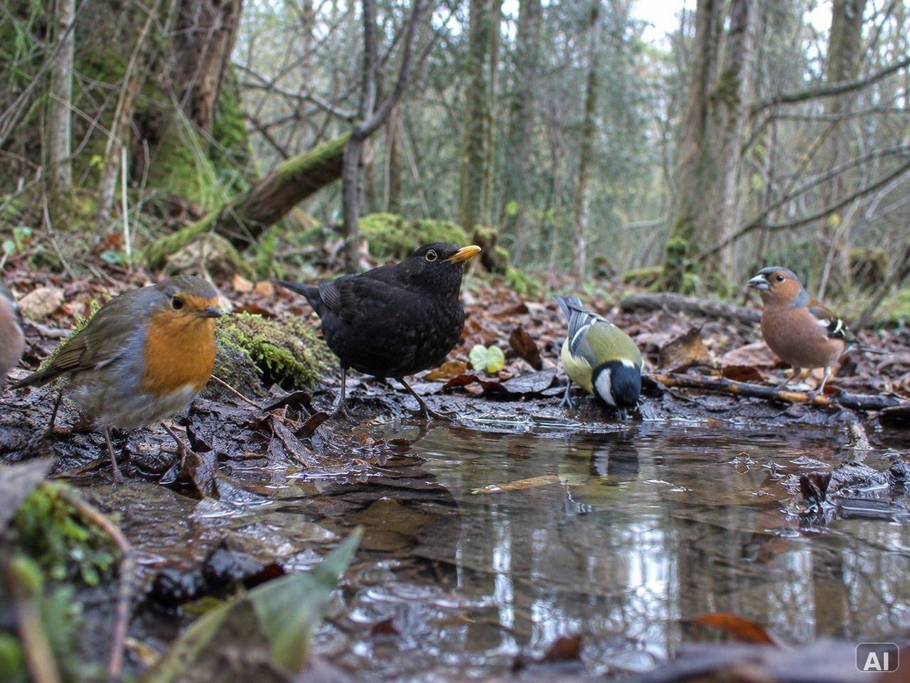 Mehrere Wald- und Wasservögel, im Wald