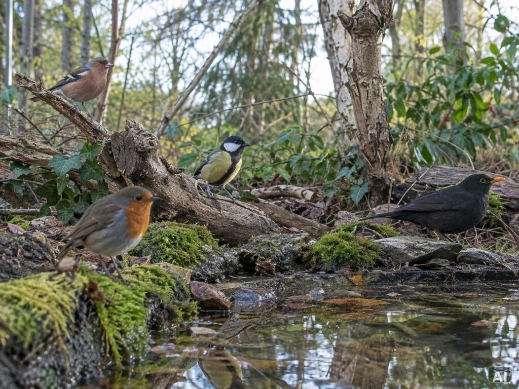 Mehrere Wald- und Wasservögel, im Wald