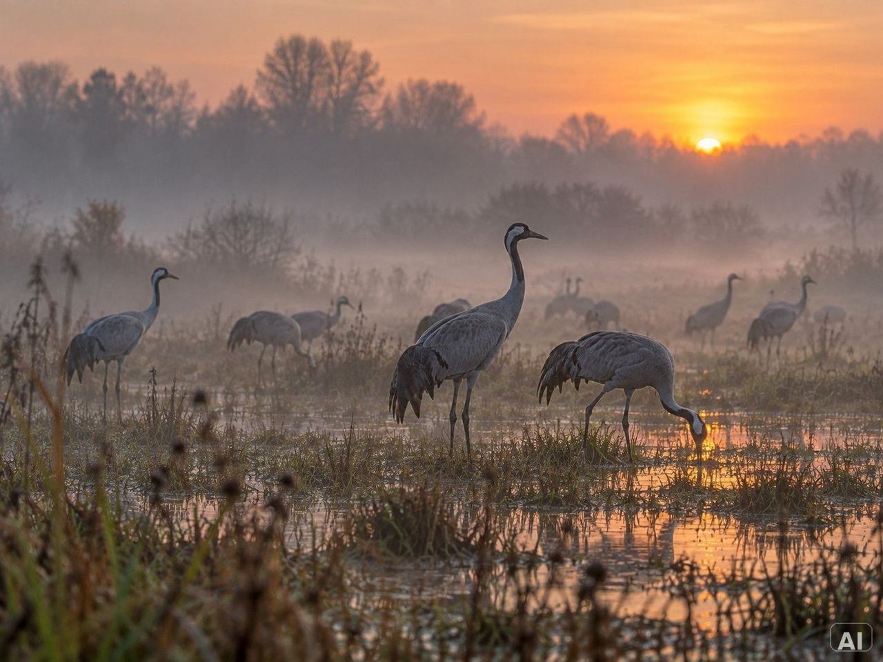 Mehrere Wald- und Wasservögel, im frühen Morgenlicht