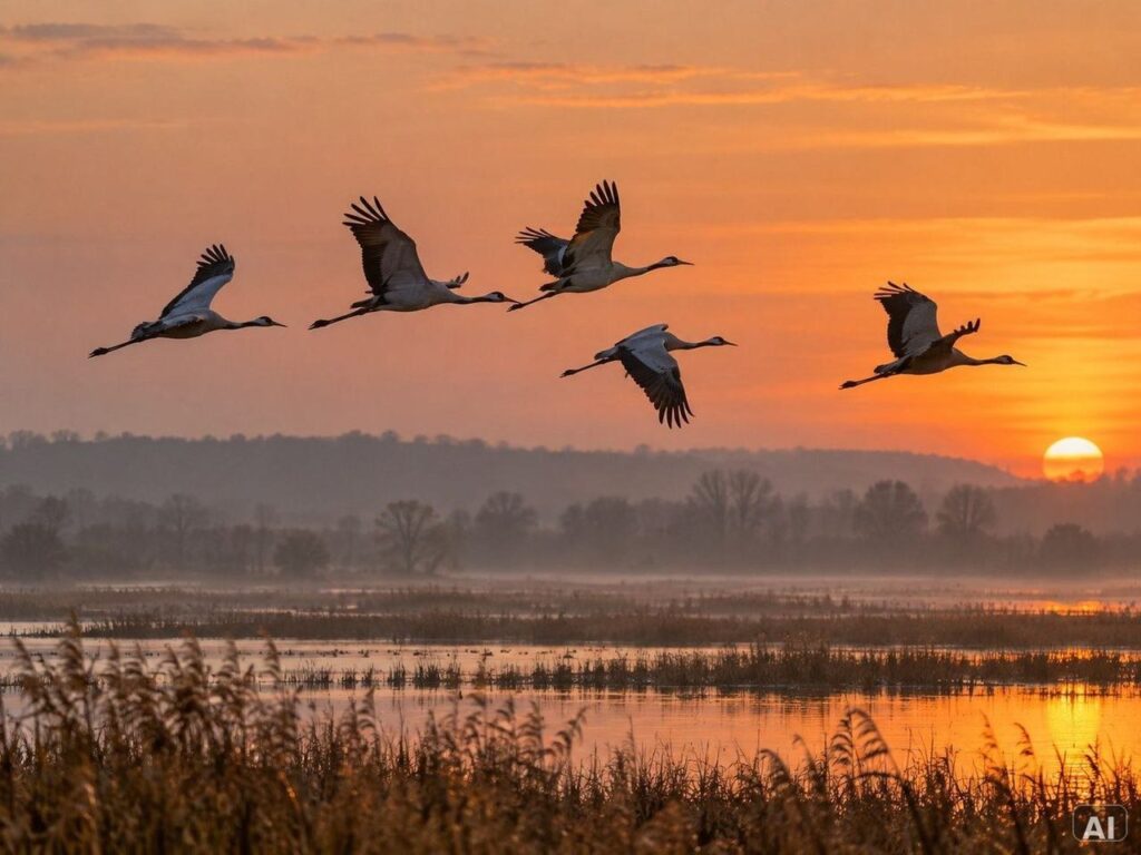 Mehrere Wald- und Wasservögel, in einem Feuchtgebiet