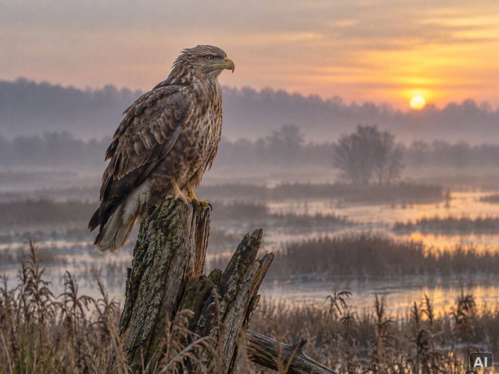 Ein Seeadler, bei leichtem Nebel, in einem Feuchtgebiet