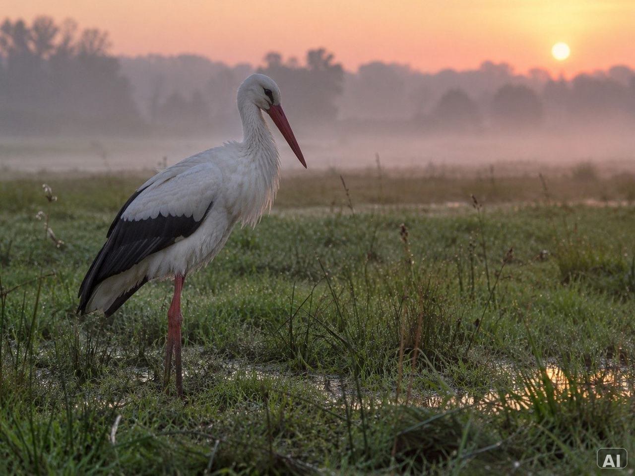 Ein Weißstorch, bei leichtem Nebel, in einem Feuchtgebiet