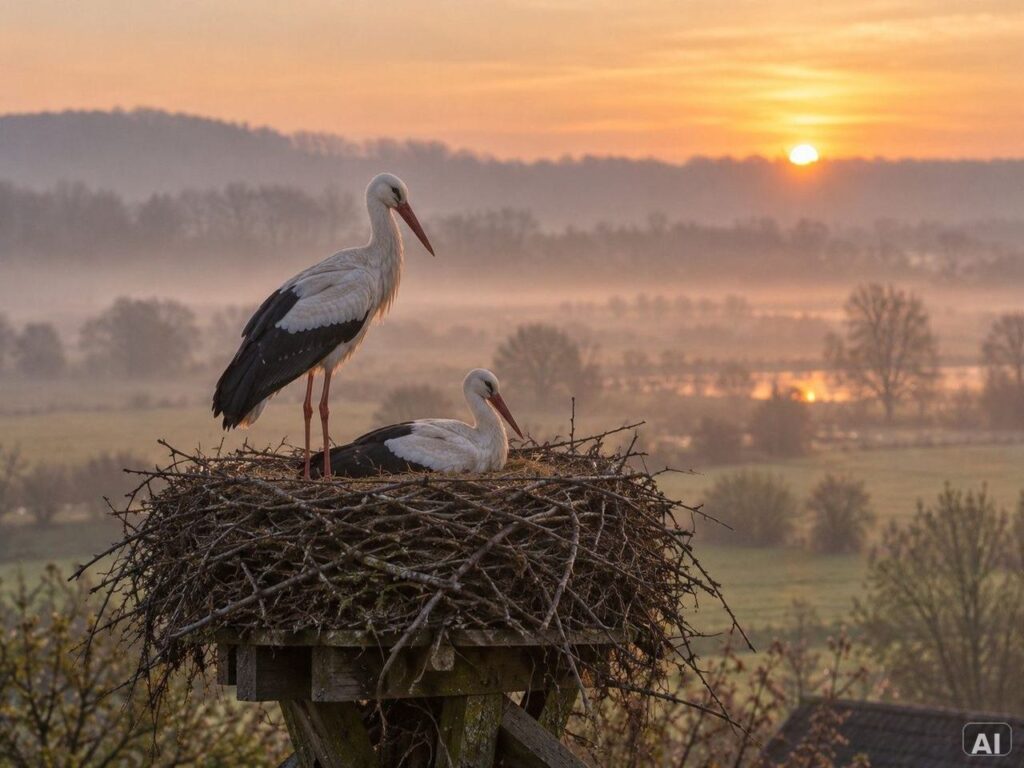 Störche an ihrem Nest, im frühen Morgenlicht