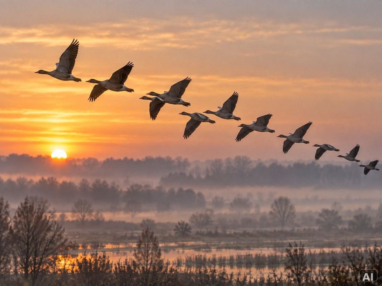 Eine Gruppe ziehender Gänse, bei leichtem Nebel, in einem Feuchtgebiet
