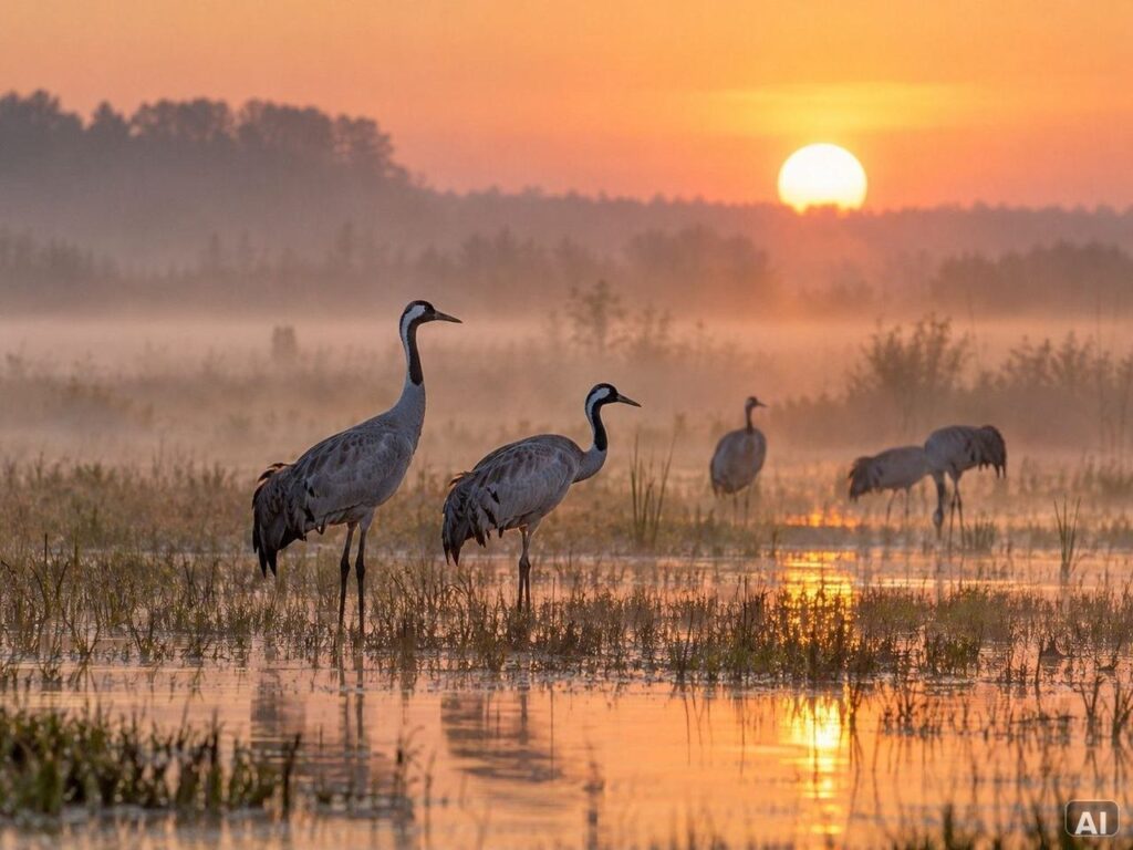 Mehrere Wald- und Wasservögel, in einem Feuchtgebiet