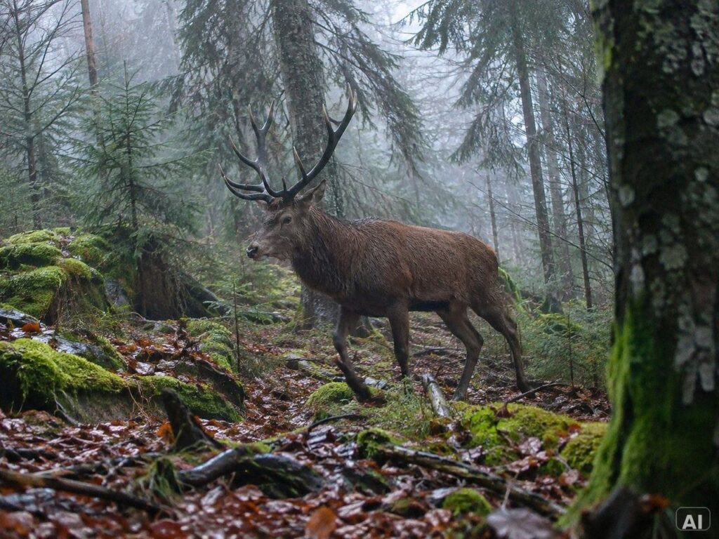 Ein Rothirsch, bei leichtem Nebel, im Wald