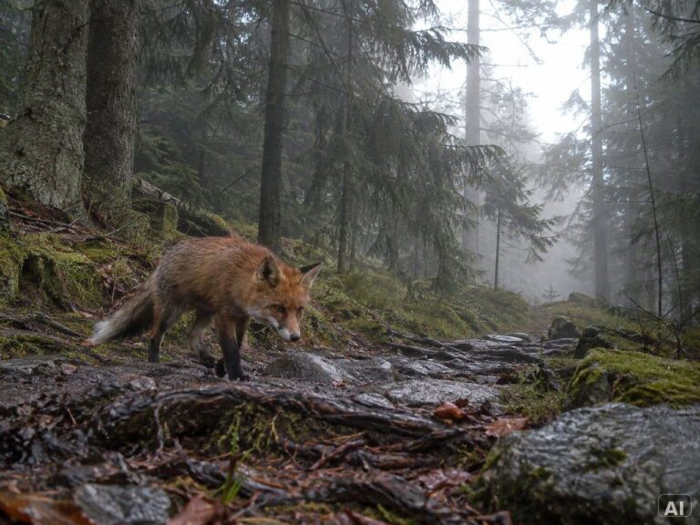 Ein Rotfuchs, bei leichtem Nebel, im Wald