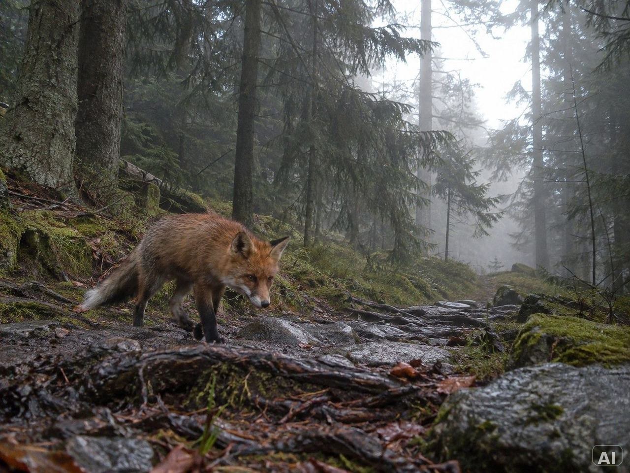 Ein Rotfuchs, bei leichtem Nebel, im Wald