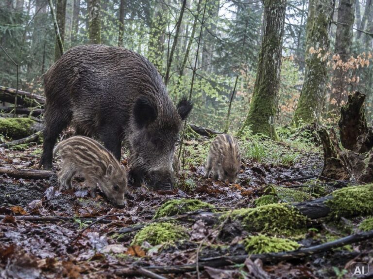 Ein Wildschwein, bei leichtem Nebel, im Wald