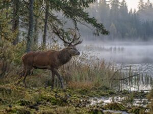 Ein Rothirsch, bei leichtem Nebel, im Wald
