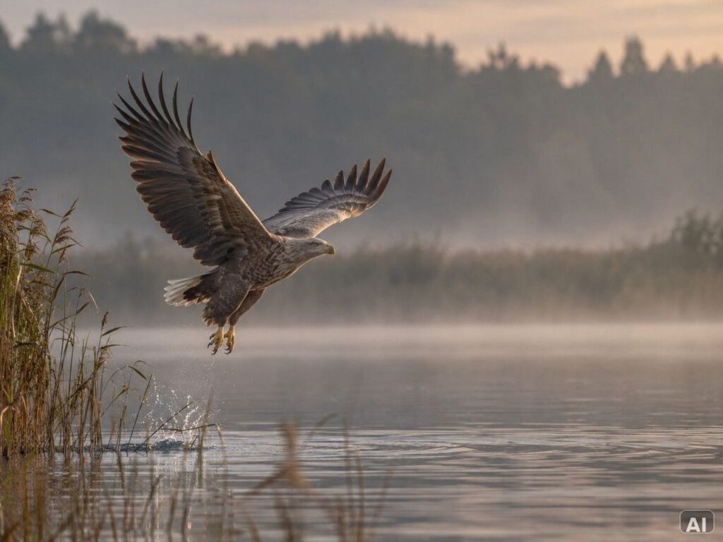 Ein großer Adler, bei leichtem Nebel, am Wasser