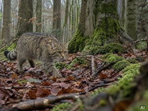 Eine Wildkatze, bei leichtem Nebel, im Wald