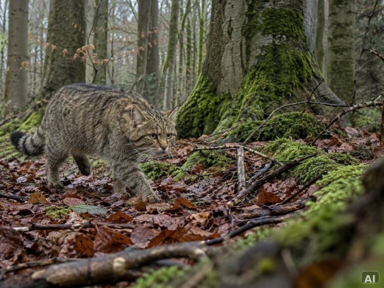 Eine Wildkatze, bei leichtem Nebel, im Wald