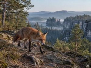 Ein Rotfuchs, in felsiger Berglandschaft