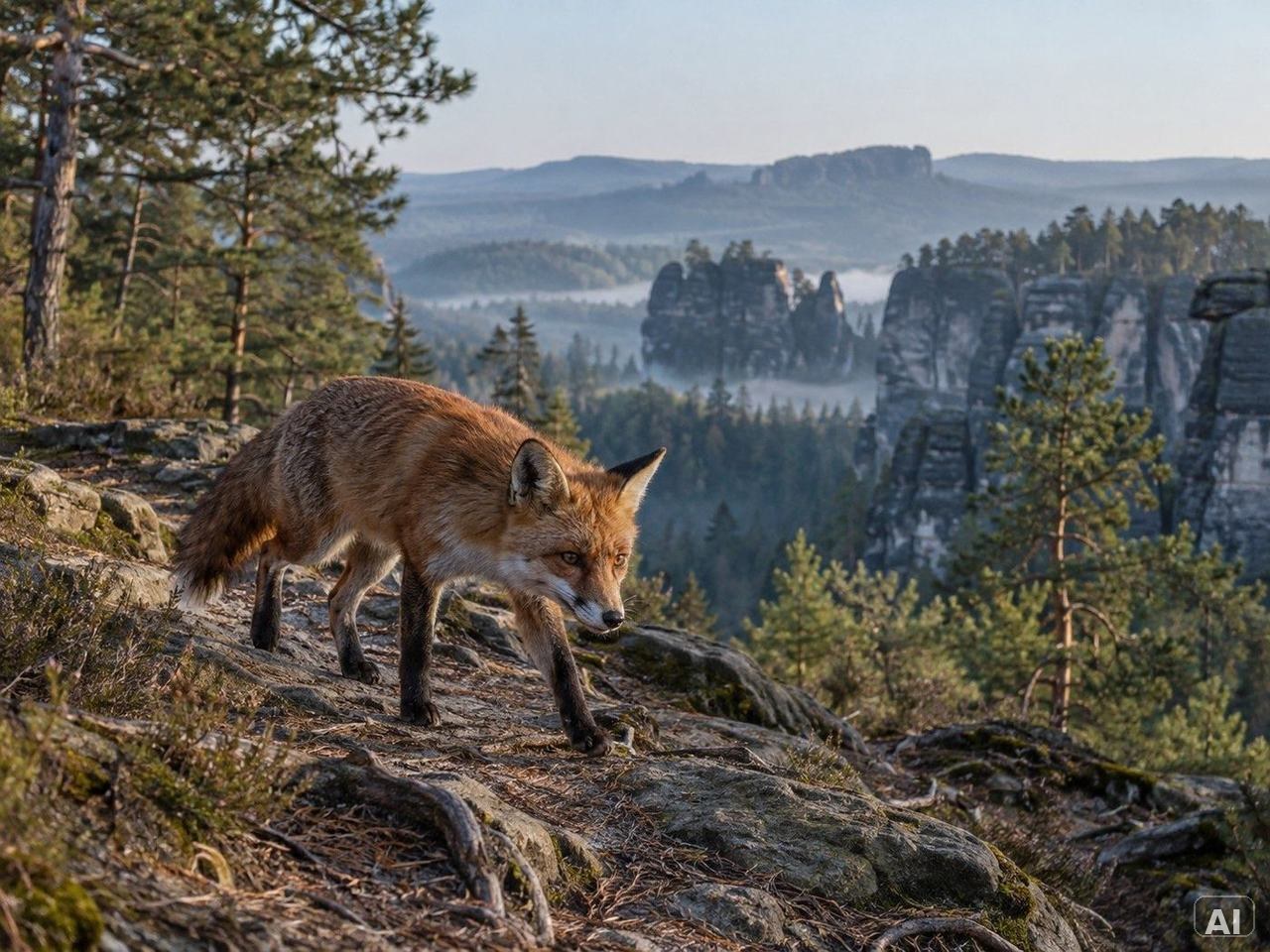 Ein Rotfuchs, in felsiger Berglandschaft
