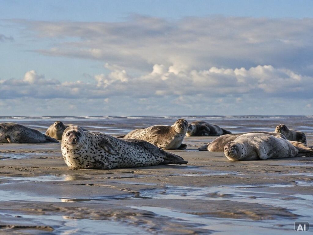 Mehrere Seehunde, im Wattenmeer
