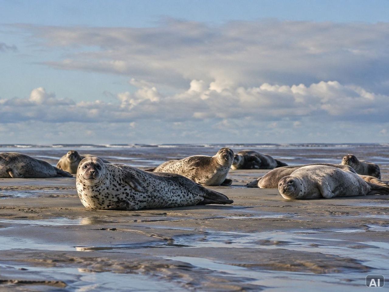 Mehrere Seehunde, im Wattenmeer