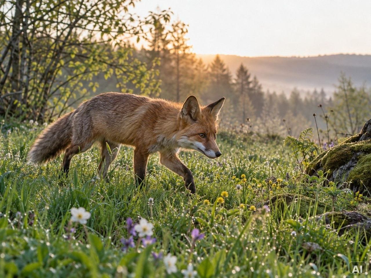 Ein Rotfuchs, an einem taufrischen Frühlingsmorgen